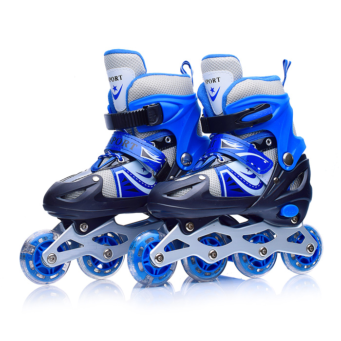 Ролики детские U001744Y (размер M) черно-синие с белым, PU колёса со светом. в сумке