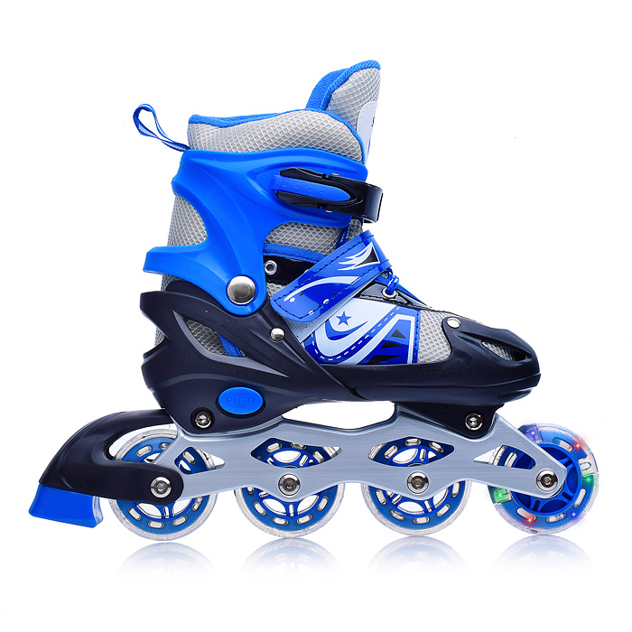 Фото к товару Ролики детские U001744Y (размер M) черно-синие с белым, PU колёса со светом. в сумке Ролики детские U001744Y (размер M) черно-синие с белым, PU колёса со светом. в сумке