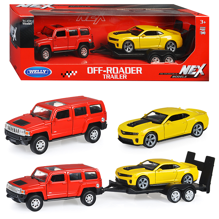 Набор 1:38, Hummer H3, Chevrolet Camaro ZL1, с прицепом, 2 шт. Набор 1:38, Hummer H3, Chevrolet Camaro ZL1, с прицепом, 2 шт.
