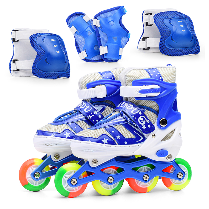 Ролики детские, M, цвет синий, цветные колеса + подарок Шлем.