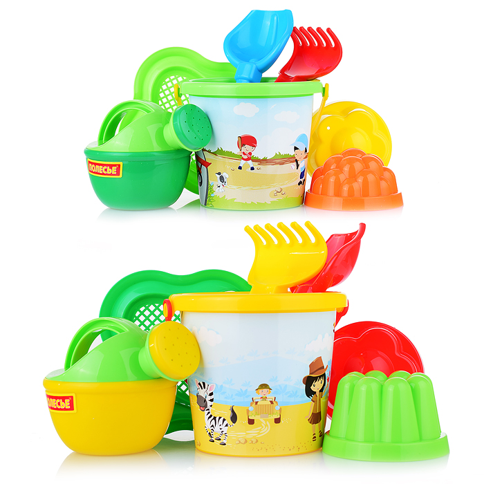 Набор №228: ведро малое с наклейкой, ситечко-цветок, совок №2, грабельки №2, 2 формочки, лейка малая Набор №228: ведро малое с наклейкой, ситечко-цветок, совок №2, грабельки №2, 2 формочки, лейка малая