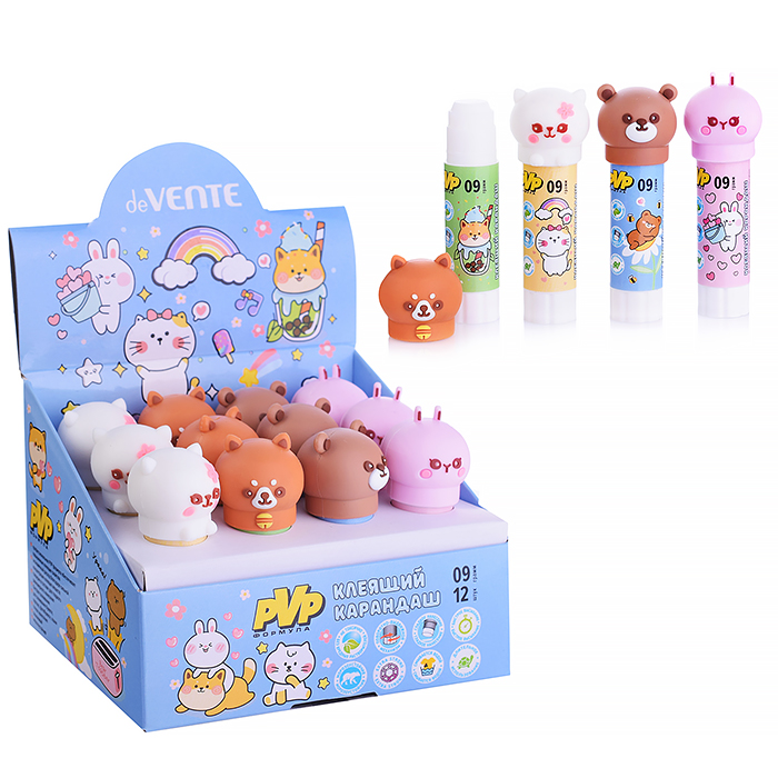 Клеящий карандаш PVP основа "Funny animal" 09 г, (быстросохнущий) с фигуркой на колпачке Клеящий карандаш PVP основа "Funny animal" 09 г, (быстросохнущий) с фигуркой на колпачке