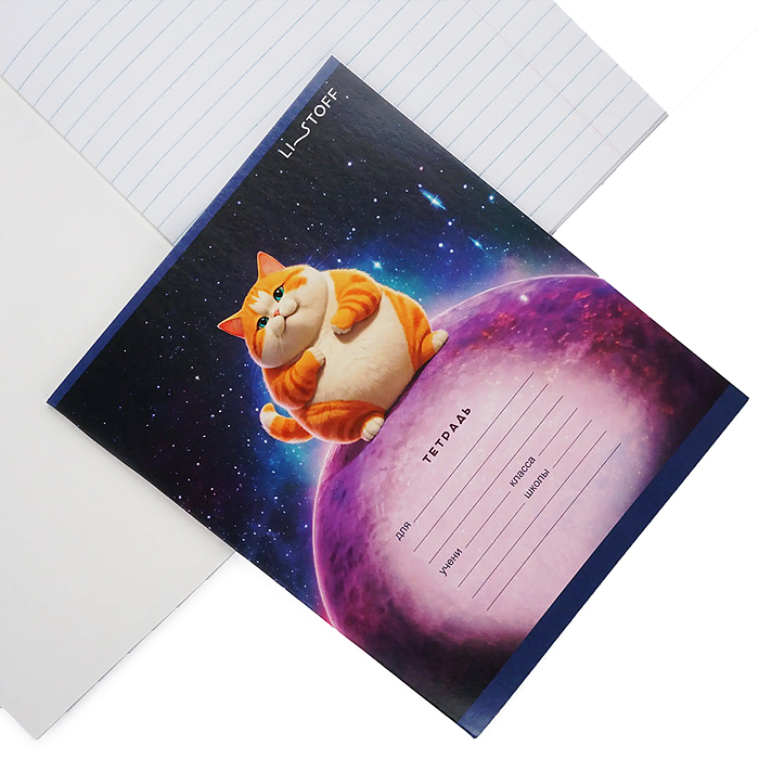 Фото к товару Тетрадь 18л. "Космический котик" линия, скрепка, поля Тетрадь 18л. "Космический котик" линия, скрепка, поля