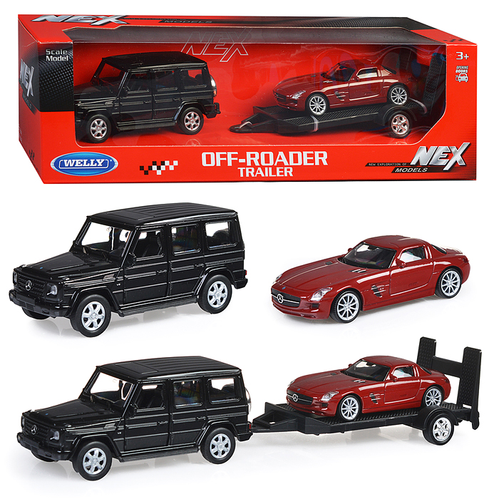 Набор 1:38, Mercedes-Benz G-Class, Mercedes-Benz SLS AMG, с прицепом, 2 шт. Набор 1:38, Mercedes-Benz G-Class, Mercedes-Benz SLS AMG, с прицепом, 2 шт.