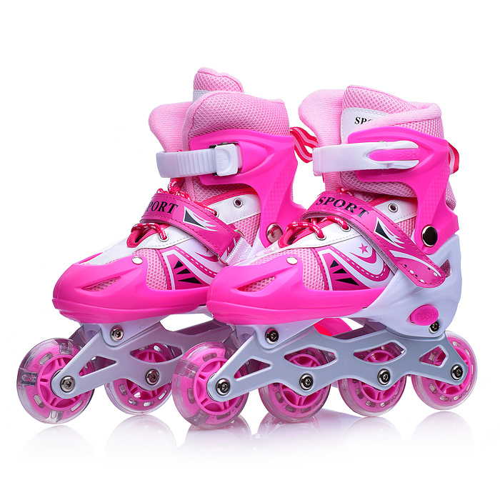 Ролики детские U001743Y (размер S) розово-белые, PU колёса со светом, в сумке