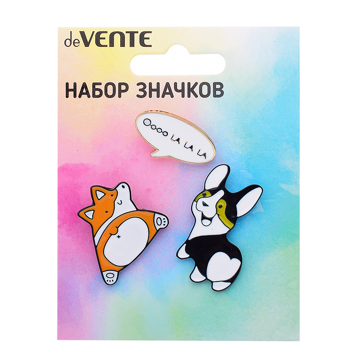 Набор значков "Oooo LA LA LA!" эмалированные, размер изделий: рыжий щенок 2,7x2,6 см, черны