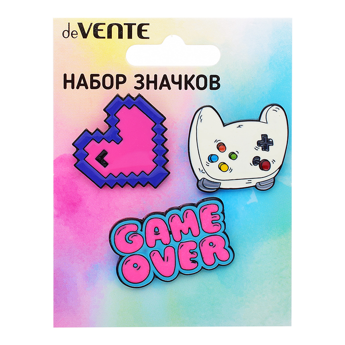 Фото к товару Набор значков "Game over" эмалированные, размер изделий: Game over 3,6x2,2 см, сердце 2,9x2 Набор значков "Game over" эмалированные, размер изделий: Game over 3,6x2,2 см, сердце 2,9x2