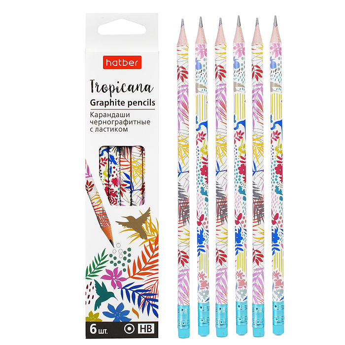 Набор карандашей чгр 6шт. с ластиком . "Tropicana- Ассорти "HB"" круглый корпус Набор карандашей чгр 6шт. с ластиком . "Tropicana- Ассорти "HB"" круглый корпус
