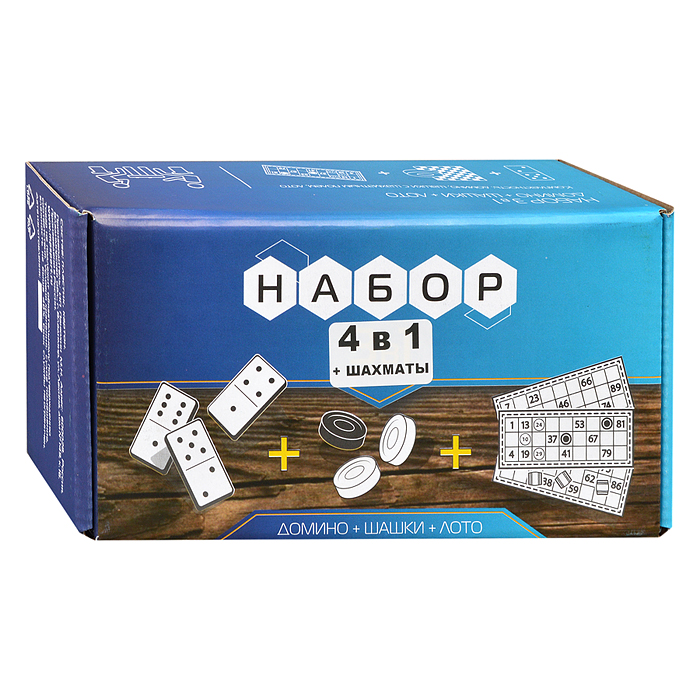 Набор 4 в 1 лото (пластик.) шашки, домино, шахматы, шахматное поле.