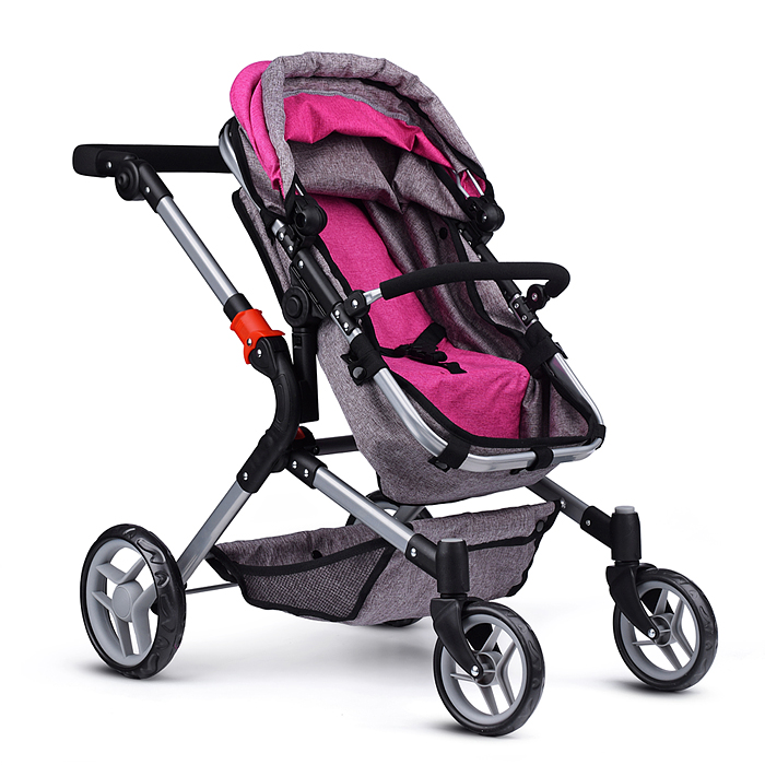 Коляска-трансформер для кукол 9633 металлическая, регулируемая ручка, с корзиной, цвет красно-голуб