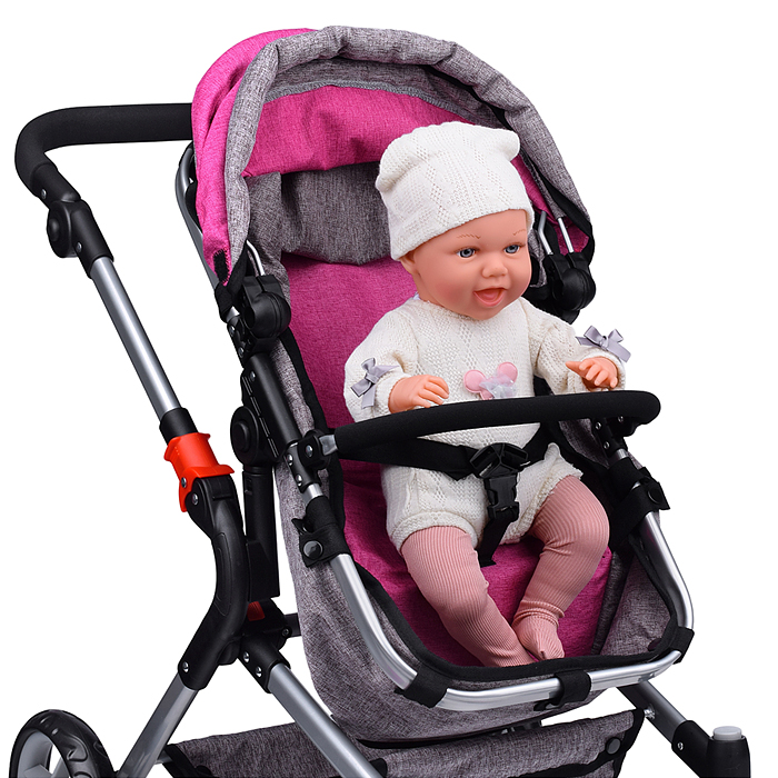 Коляска-трансформер для кукол 9633 металлическая, регулируемая ручка, с корзиной, цвет красно-голуб