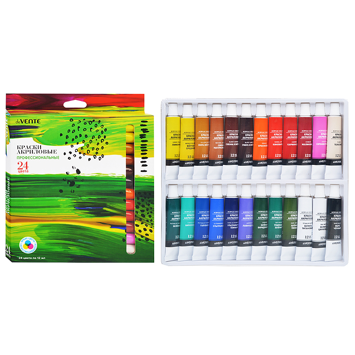 Краски акриловые 24 цв. по 12 мл, профессиональные художественные, в алюминиевых тубах, в Краски акриловые 24 цв. по 12 мл, профессиональные художественные, в алюминиевых тубах, в