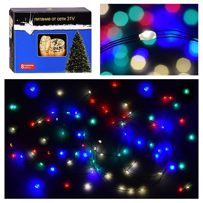 Электрогирлянда Роса 30м, 300 ламп, зеленый провод, цветная Электрогирлянда Роса 30м, 300 ламп, зеленый провод, цветная