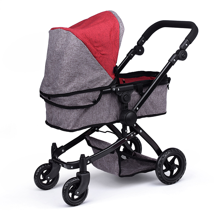 Коляска - трансформер для кукол 9651 металлическая, регулируемая ручка, с корзиной,цвет красно-корич