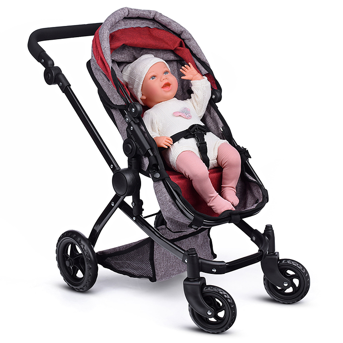 Коляска - трансформер для кукол 9651 металлическая, регулируемая ручка, с корзиной,цвет красно-корич