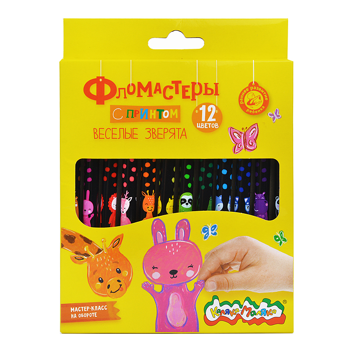 Фото к товару Фломастеры 12 цв. "Веселые зверята" классические, трехгран. корп. легкосмываемые карт. уп Фломастеры 12 цв. "Веселые зверята" классические, трехгран. корп. легкосмываемые карт. уп