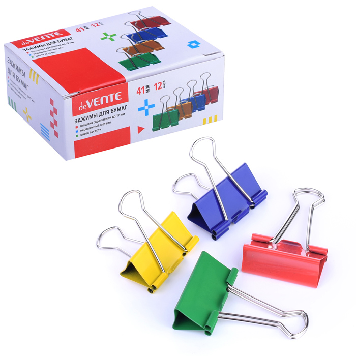 Зажим для бумаг металлический (41 мм) толщина скрепления до 17 мм, цветной ассорти, 12 шт 
