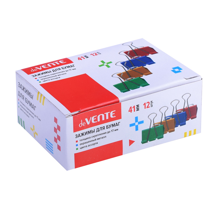 Зажим для бумаг металлический (41 мм) толщина скрепления до 17 мм, цветной ассорти, 12 шт 