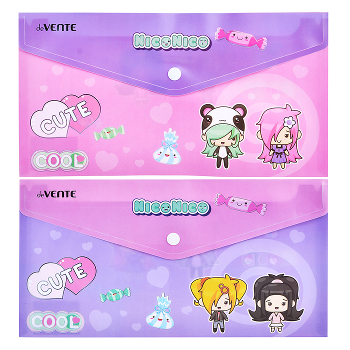 Папка-конверт на кнопке "NicoNico" Travel-size DL (260x140 мм) 180 мкм, непрозрачная с р