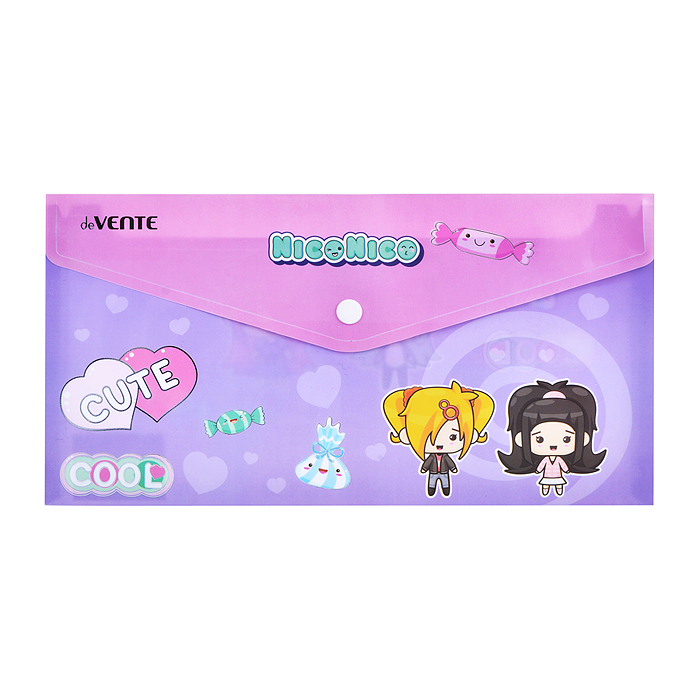 Фото к товару Папка-конверт на кнопке "NicoNico" Travel-size DL (260x140 мм) 180 мкм, непрозрачная с р Папка-конверт на кнопке "NicoNico" Travel-size DL (260x140 мм) 180 мкм, непрозрачная с р