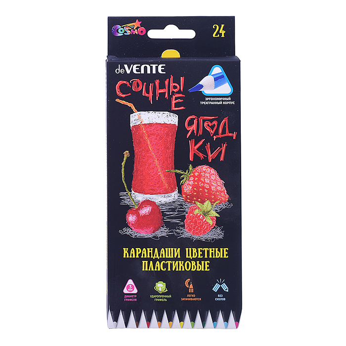 Фото к товару Карандаши цветные пластиковые 24 цв., "Juicy Black" 2М, диаметр грифеля 3 мм, трёхгранные Карандаши цветные пластиковые 24 цв., "Juicy Black" 2М, диаметр грифеля 3 мм, трёхгранные