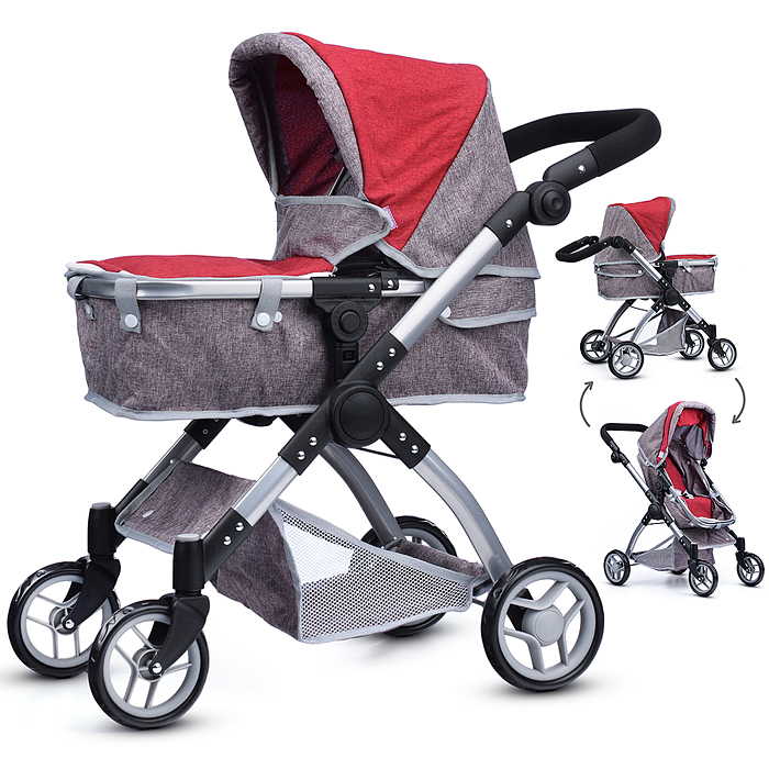 Коляска - трансформер 9620 для кукол, металлическая, регулируемая ручка, с корзиной, цвет серо-розов