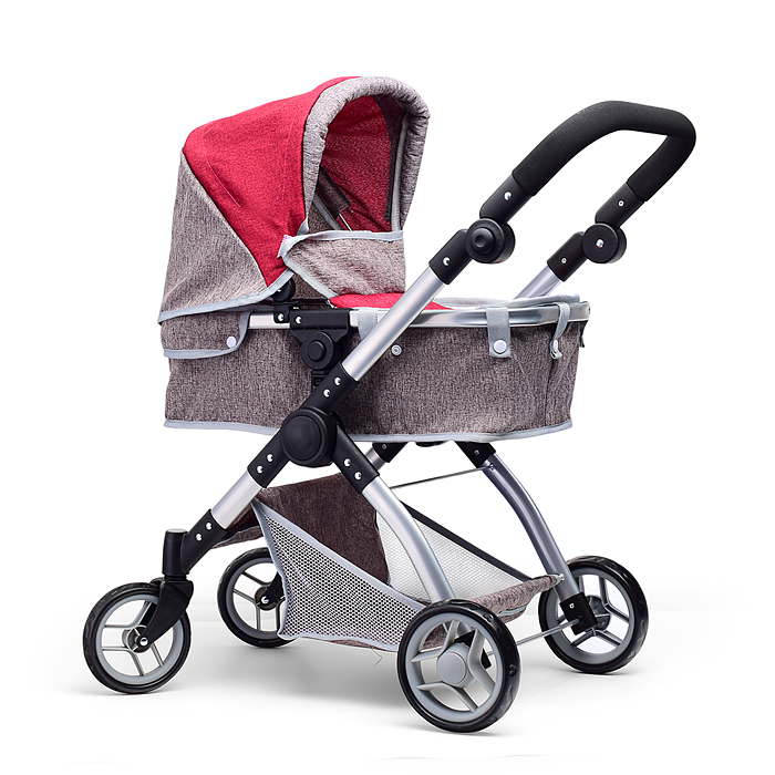 Коляска - трансформер 9620 для кукол, металлическая, регулируемая ручка, с корзиной, цвет серо-розов