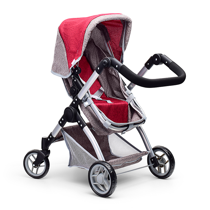 Коляска - трансформер 9620 для кукол, металлическая, регулируемая ручка, с корзиной, цвет серо-розов