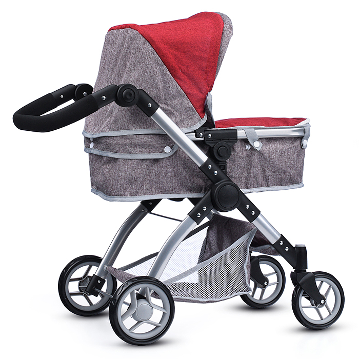 Коляска - трансформер 9620 для кукол, металлическая, регулируемая ручка, с корзиной, цвет серо-розов