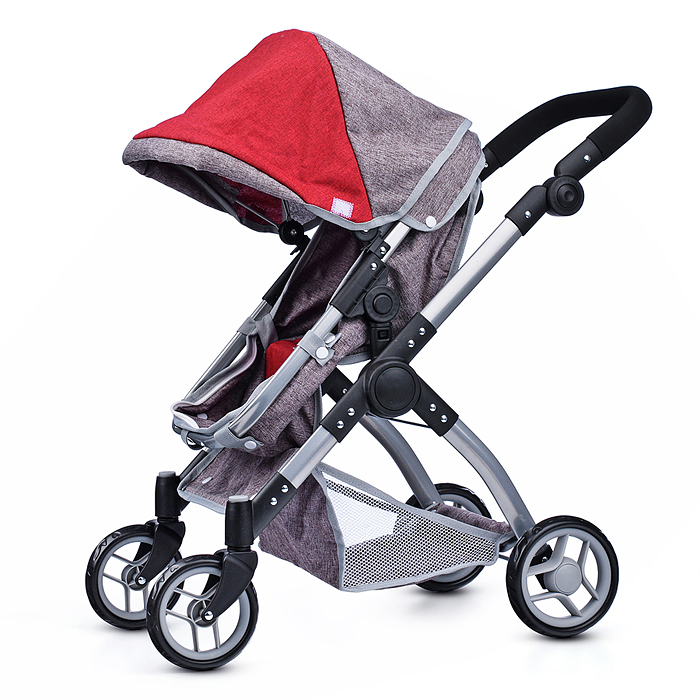 Коляска - трансформер 9620 для кукол, металлическая, регулируемая ручка, с корзиной, цвет серо-розов