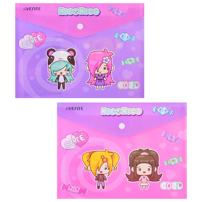 Папка-конверт на кнопке "NicoNico" A5 (240x180 мм) 180 мкм, непрозрачная с рисунком, тис