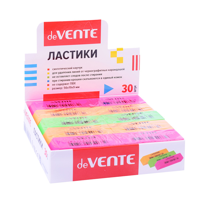 Ластик "Neon" синтетический каучук, прямоугольный скошенный цветной, 56x19x9 мм, dust-free,