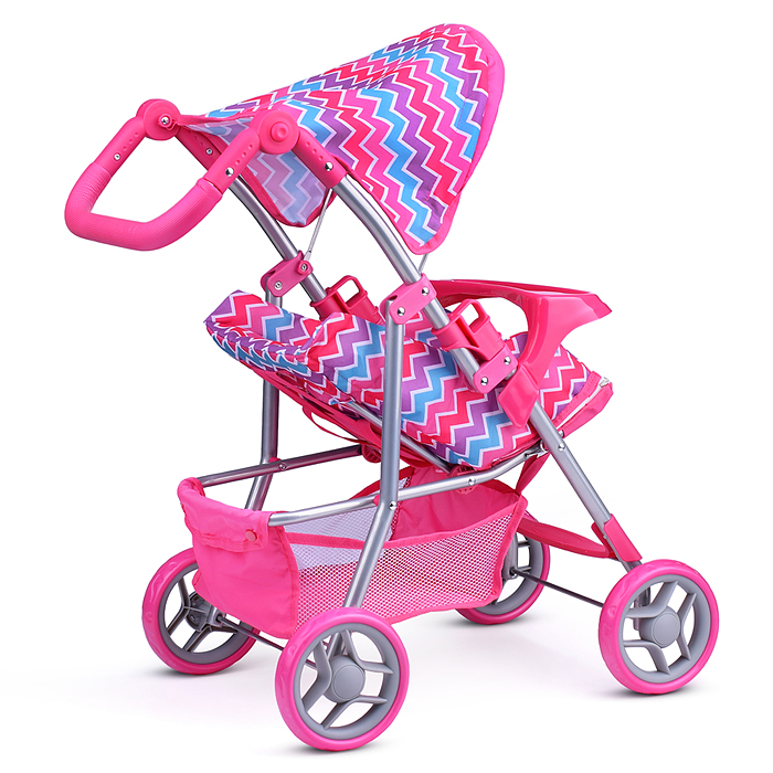 Коляска для кукол 9337-T прогулочная, металлическая, цветные линии, зигзаг, розово-голубой
