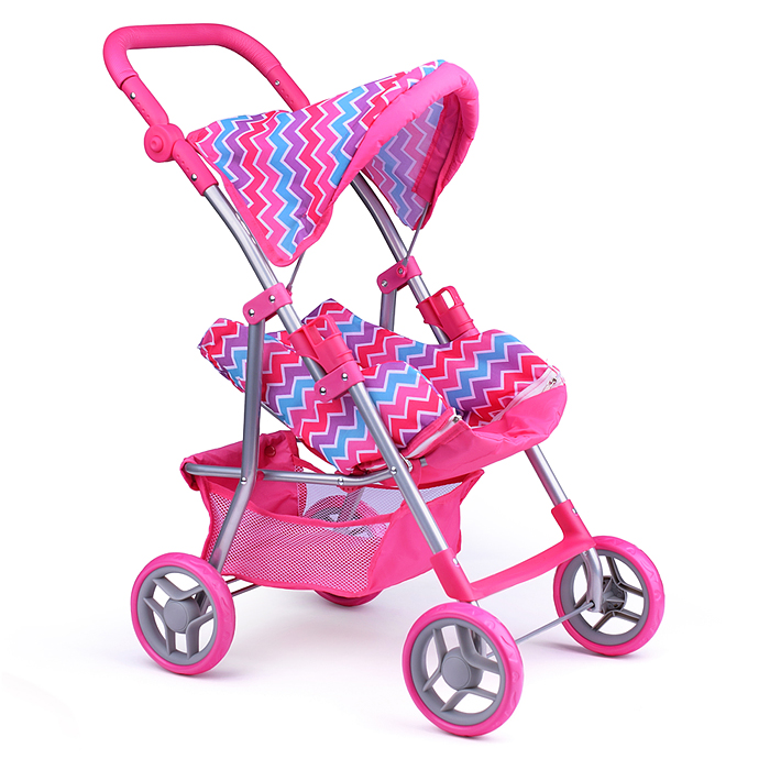 Коляска для кукол 9337-T прогулочная, металлическая, цветные линии, зигзаг, розово-голубой