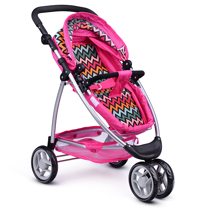 Коляска-трансформер 9665C для кукол, металлическая, регулируемая ручка, с корзиной, розовый зигзаг