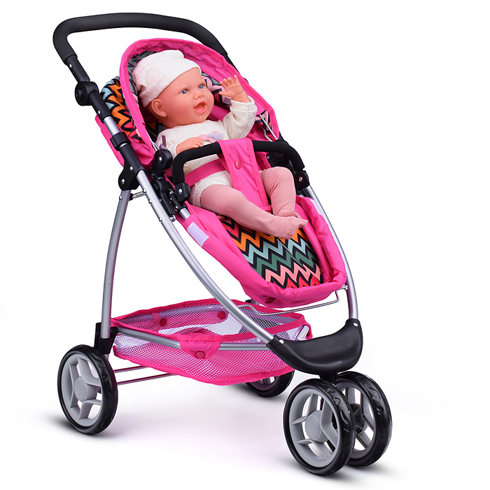 Коляска-трансформер 9665C для кукол, металлическая, регулируемая ручка, с корзиной, розовый зигзаг