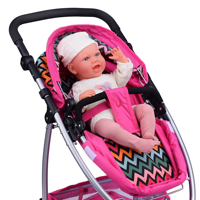 Коляска-трансформер 9665C для кукол, металлическая, регулируемая ручка, с корзиной, розовый зигзаг