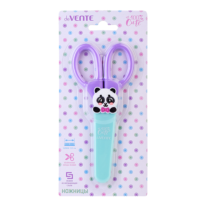 Ножницы детские "100% Cute. Panda" 13,5 см, пластиковые кольца, защитный футляр с каучуковы