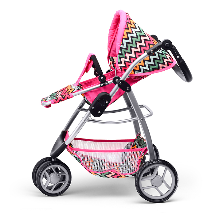 Коляска для кукол 9632 металлическая, прогулочная, цветные линии, зигзаг, цвет розово-голубой 