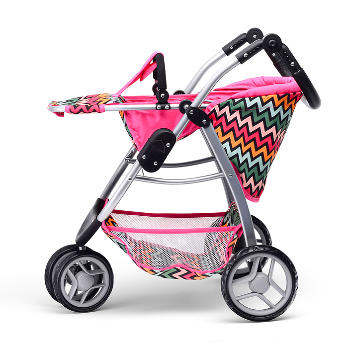 Коляска для кукол 9632 металлическая, прогулочная, цветные линии, зигзаг, цвет розово-голубой 