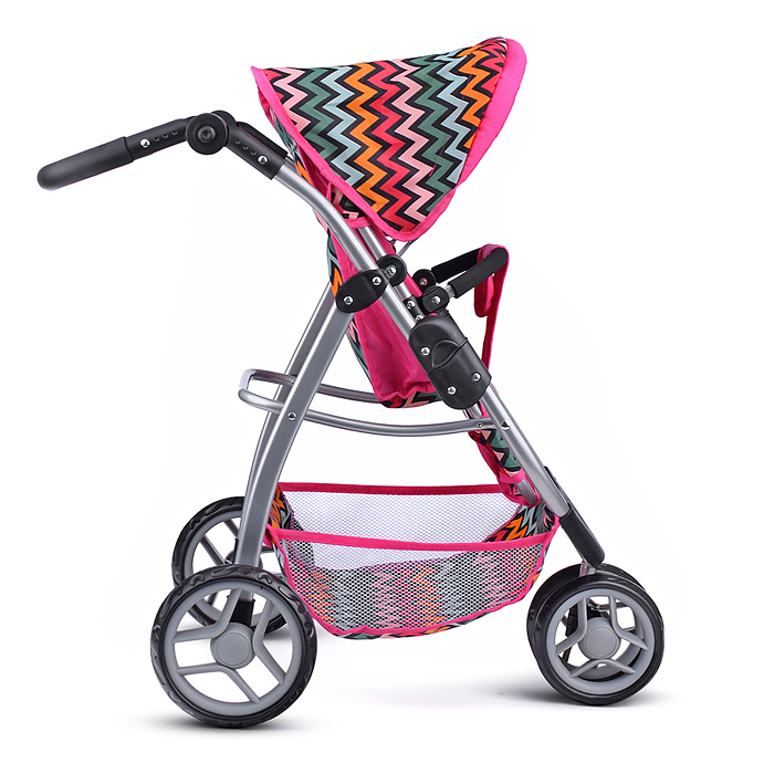 Коляска для кукол 9632 металлическая, прогулочная, цветные линии, зигзаг, цвет розово-голубой 