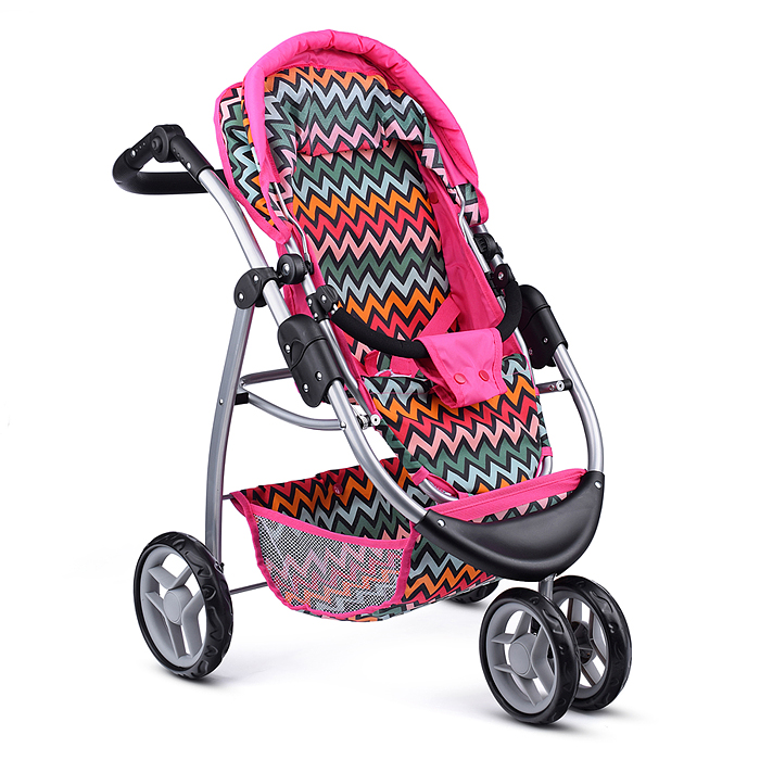 Коляска для кукол 9632 металлическая, прогулочная, цветные линии, зигзаг, цвет розово-голубой 