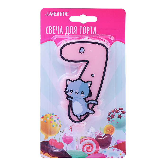 Свеча-цифра для торта "Котик" 7, размер свечки 9,1x6,6x1 см, с рисунком, розовая, в картонн Свеча-цифра для торта "Котик" 7, размер свечки 9,1x6,6x1 см, с рисунком, розовая, в картонн