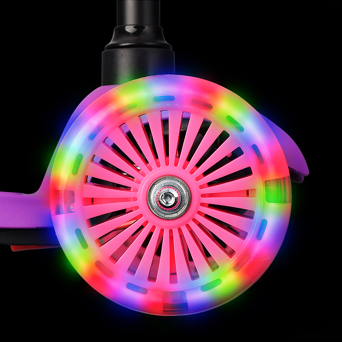 Фото к товару Самокат 3-х колесный ROCKET,колеса PU со светом, светящаяся стойка, ABEC 7, фиолетовый Самокат 3-х колесный ROCKET,колеса PU со светом, светящаяся стойка, ABEC 7, фиолетовый