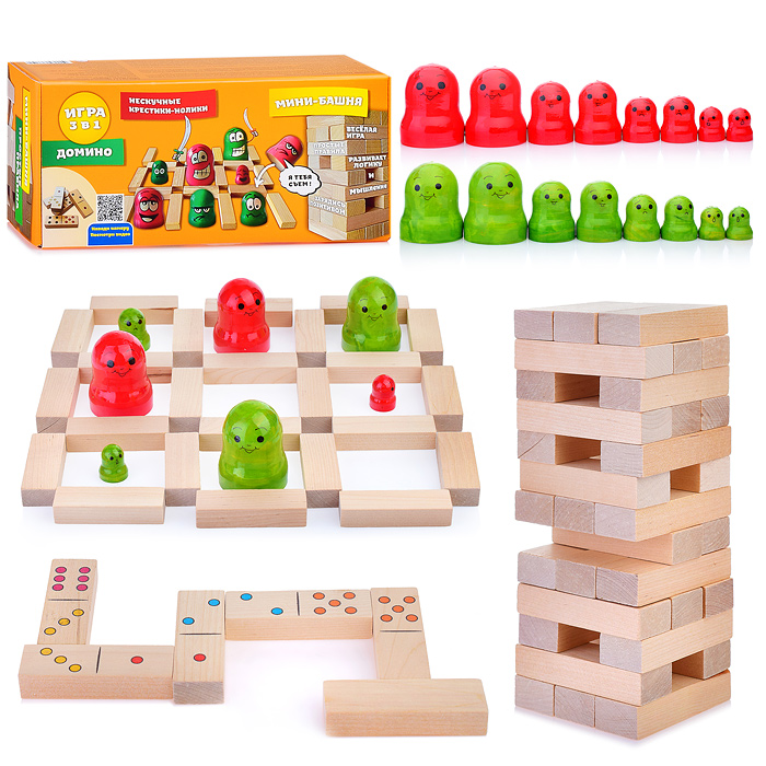 Набор игр 3 в 1 "Нескучные Крестики-нолики, Мини-башня, Домино" 