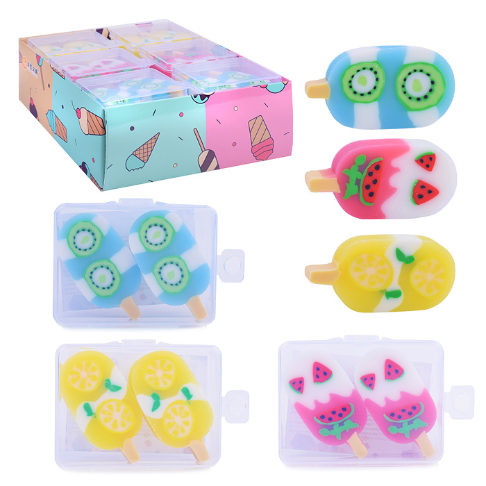 Ластик "Фруктовое мороженое", набор из 2 шт. в пластиковой коробочке, 3 вида в ассортименте Ластик "Фруктовое мороженое", набор из 2 шт. в пластиковой коробочке, 3 вида в ассортименте