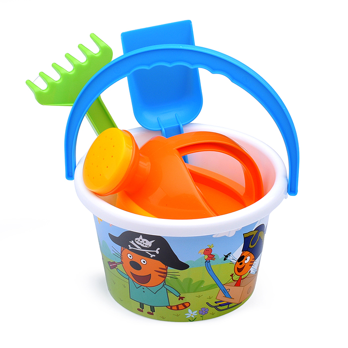 Песочный набор "Три кота" №10: Ведро среднее с наклейкой, лопатка, грабельки, лейка малая №4