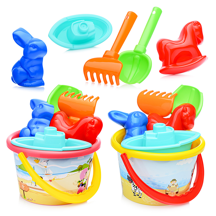 Набор №251: ведро среднее с наклейкой, совок №2, грабельки №2, формочки (заяц + лошадка), кораблик "