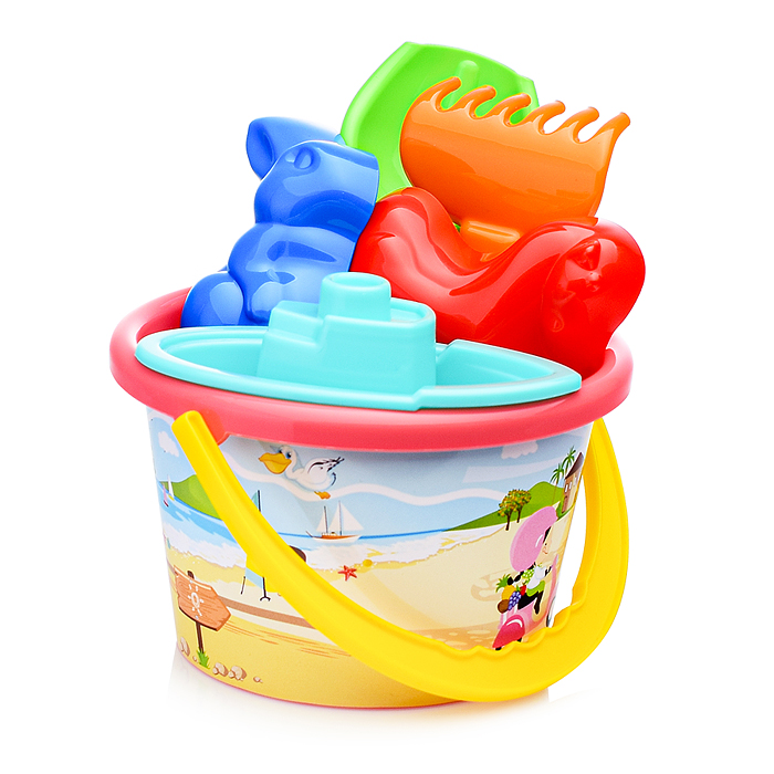 Набор №251: ведро среднее с наклейкой, совок №2, грабельки №2, формочки (заяц + лошадка), кораблик "