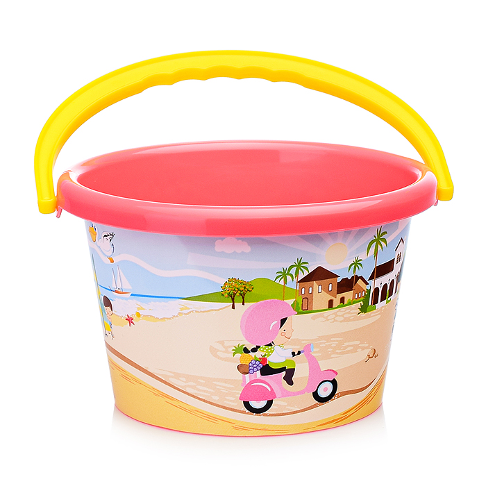 Набор №251: ведро среднее с наклейкой, совок №2, грабельки №2, формочки (заяц + лошадка), кораблик "